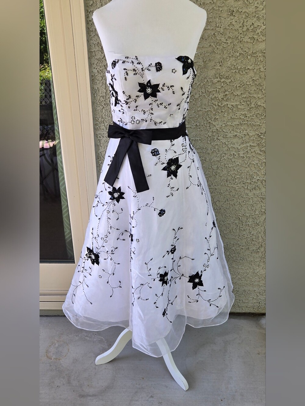 May Queen White Strapless Formal Dress with Black Floral Embroidery and Sash